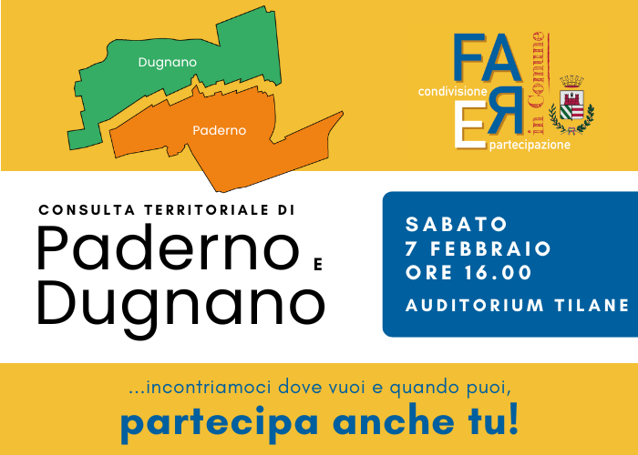 La cittadinanza è invitata a partecipare all'incontro congiunto delle Consulte Territoriali di Paderno e Dugnano.
